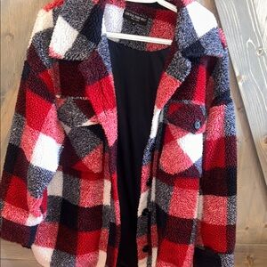 Central Park West Red and Black Plaid Sherpa Coat